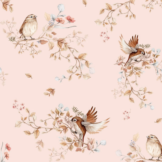 Matuu Bird wallpaper – delicate design with birds on branches and floral accents on soft pink background