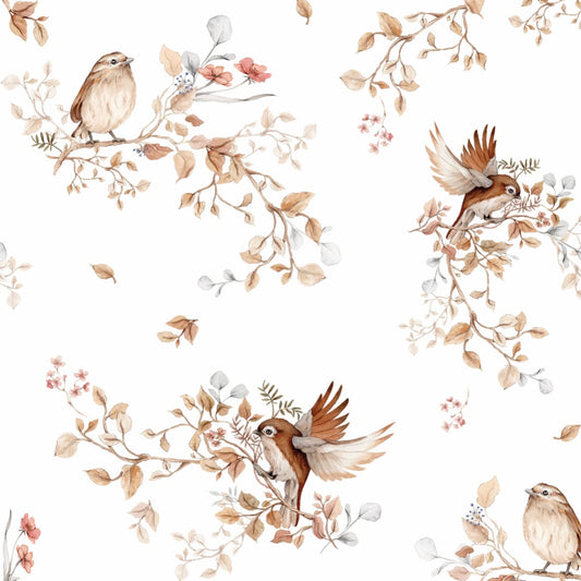 Matuu Bird wall sticker – delicate wallpaper design with birds on branches in warm earthy tones