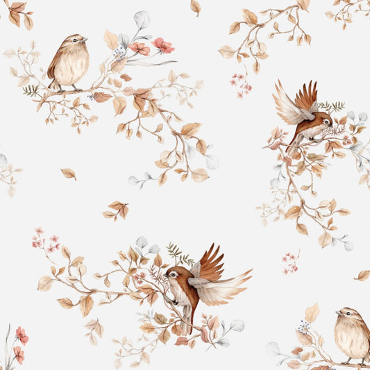 Matuu Bird wallpaper – delicate bird and branch motif on a light grey background