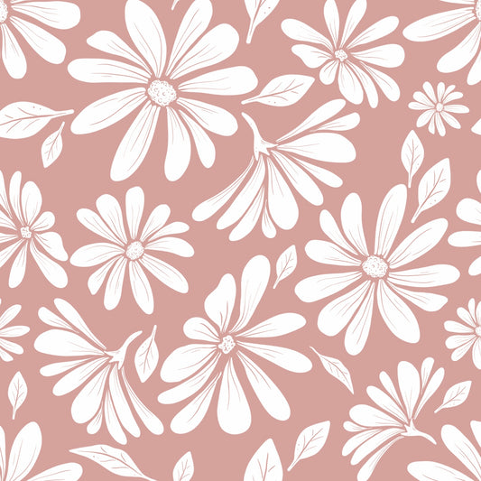 Daisy Bloom – Blush Clay Wallpaper with large white daisy flowers on a muted blush-pink clay background. Playful and soft floral pattern, perfect for a cozy kids’ room or nursery.