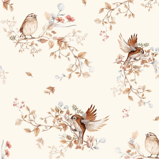 Matuu Bird wallpaper – delicate design with birds on branches and floral details on warm beige background