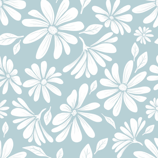 Daisy Bloom – Fog Blue Floral Wallpaper with delicate light blue flowers on a soft neutral background. Close-up of the pattern for texture and color reference.