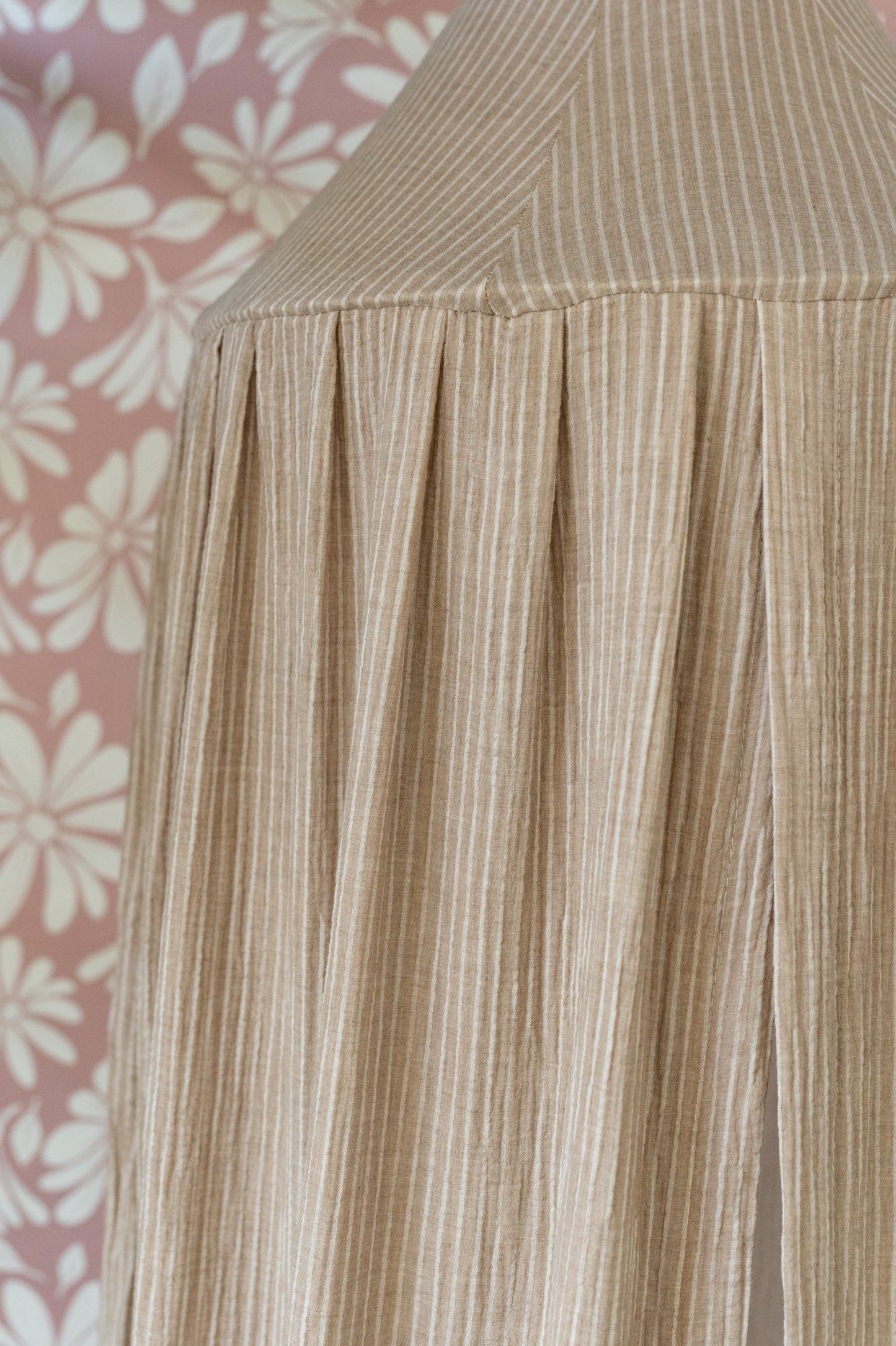 Matuu Beige Fine Stripes muslin crib canopy hanging in nursery – striped fabric canopy