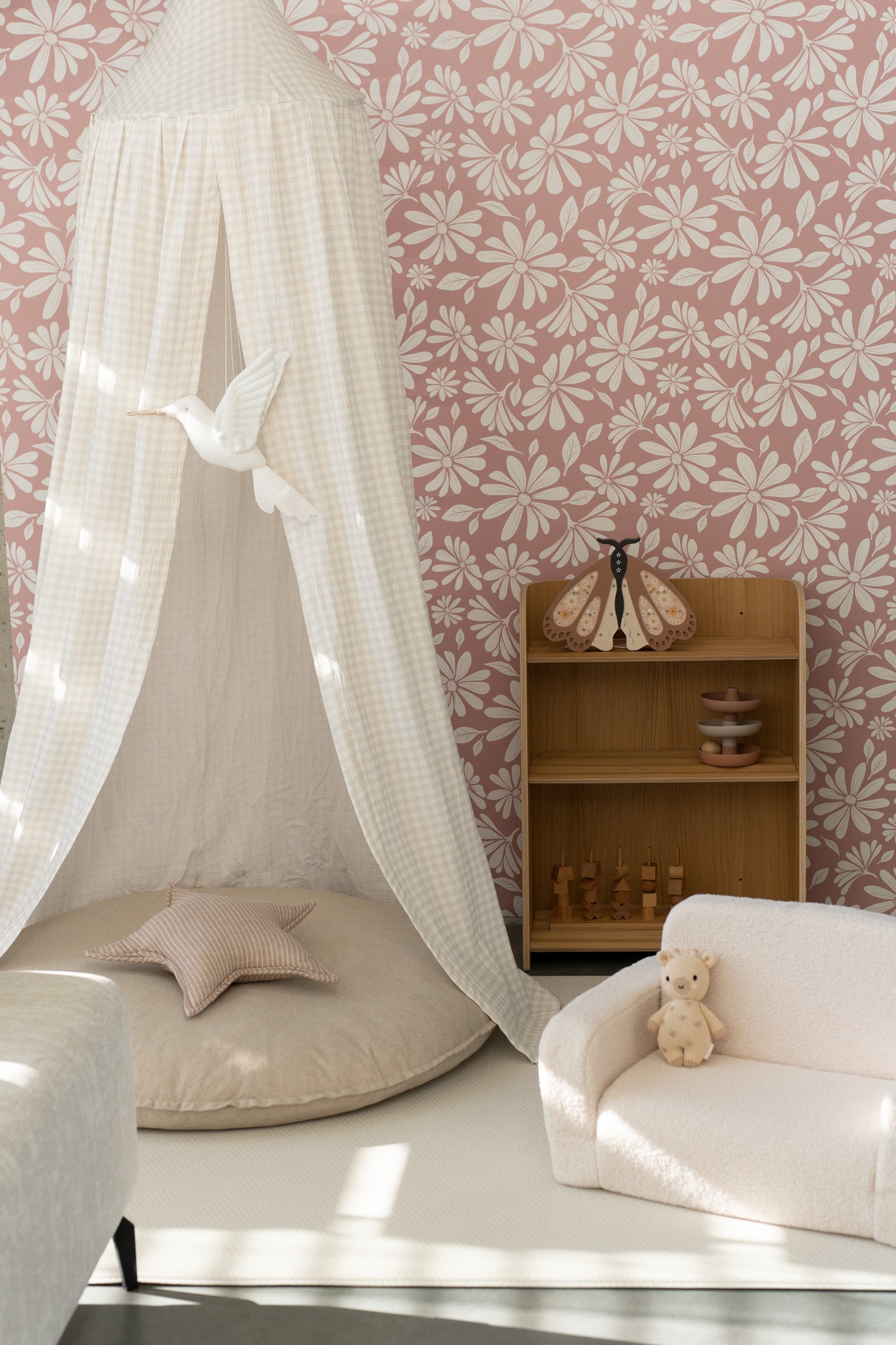 Matuu Sage Picnic Checked canopy styled with soft cushion – cozy reading or play corner