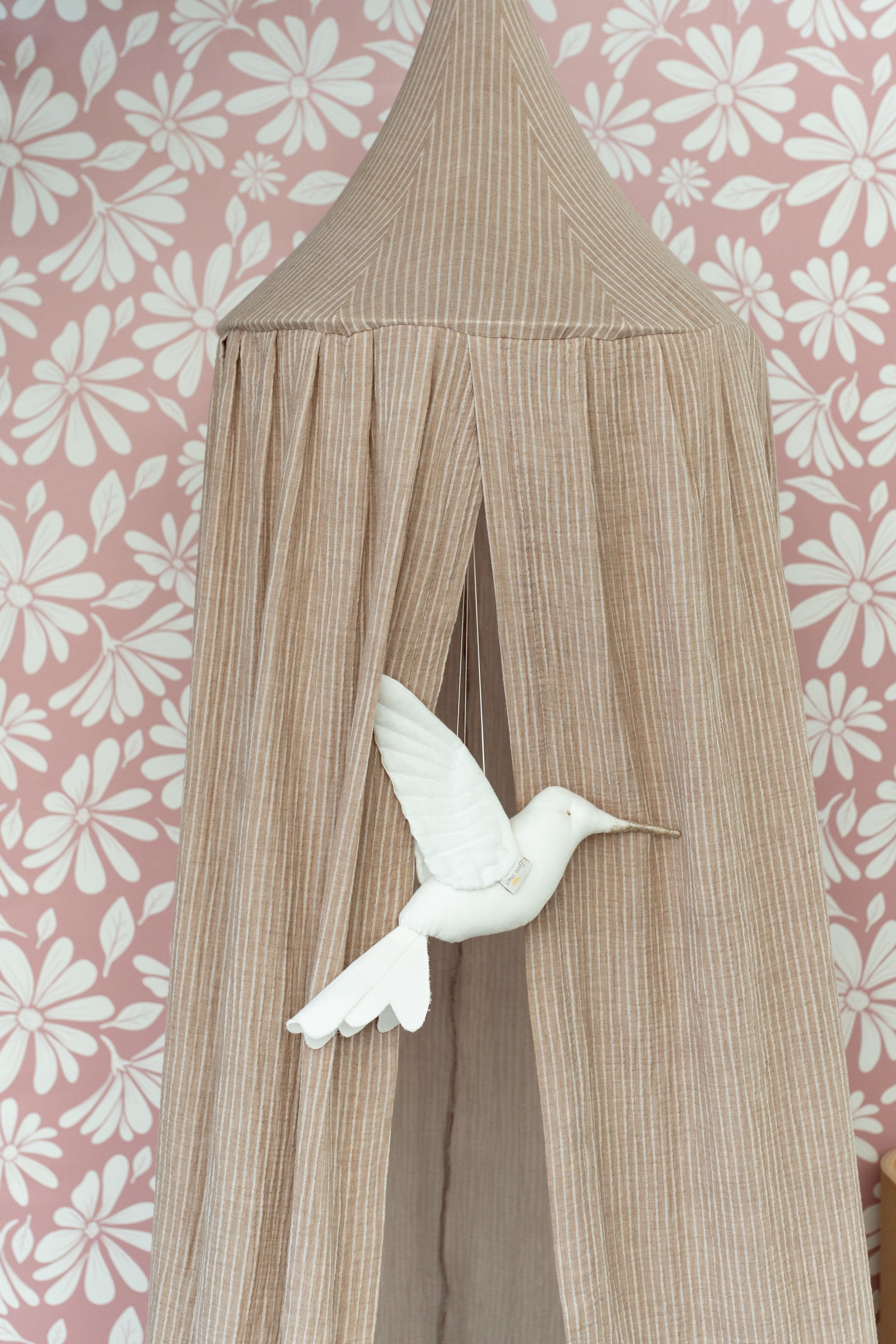 Matuu Beige Fine Stripes muslin crib canopy with floral wallpaper – handmade nursery decor