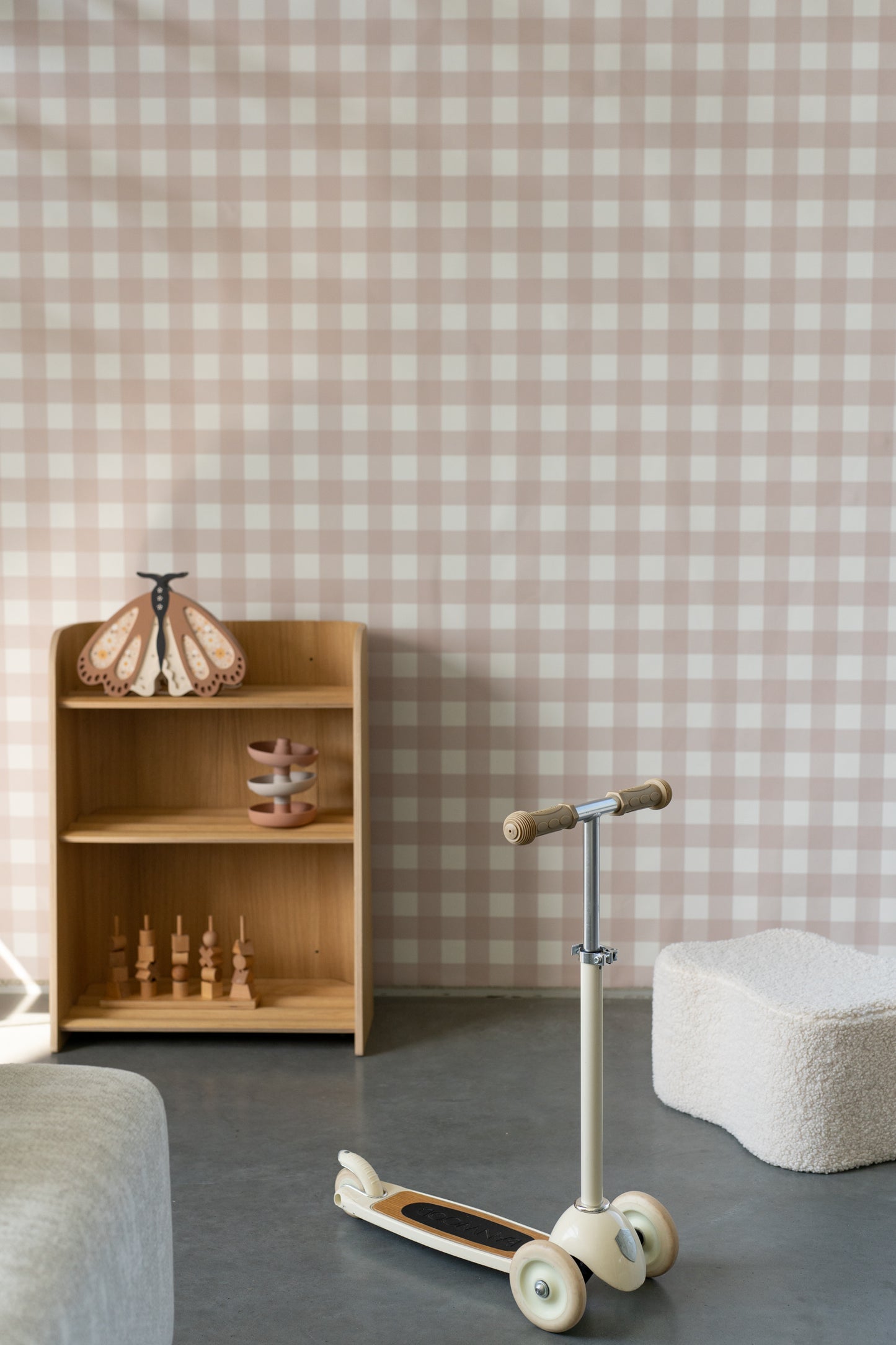 Matuu Cream Picnic cream gingham wallpaper in playroom – classic checkered wall design