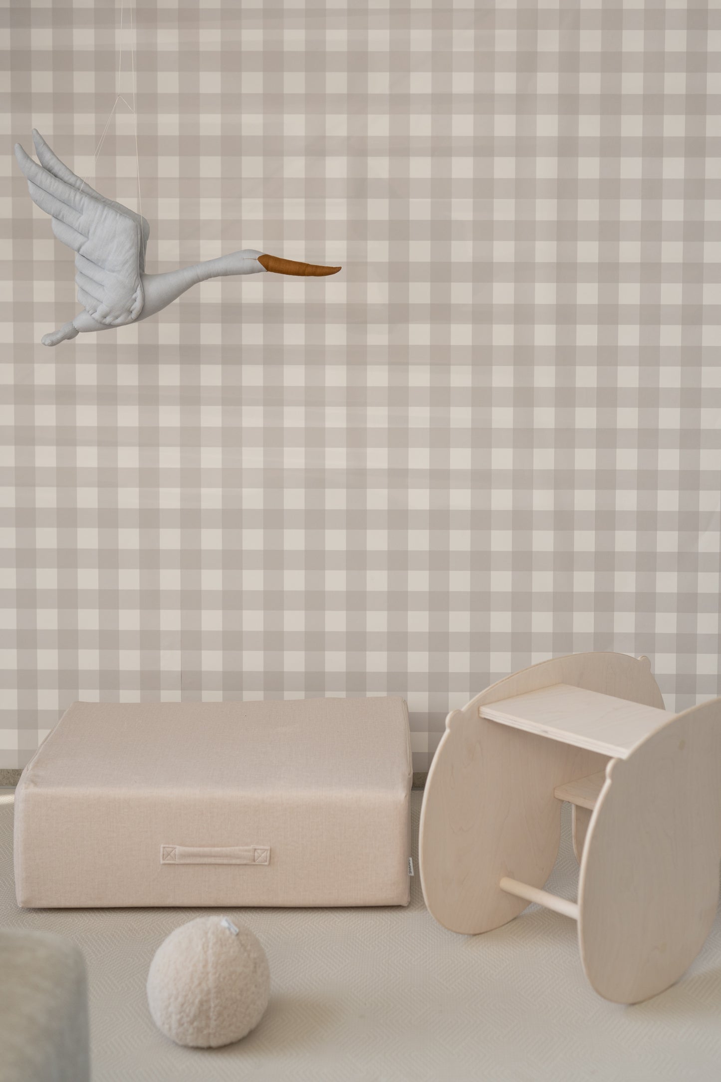 Matuu Woodland Gingham moss green checks wallpaper with pastel furniture – modern nursery design