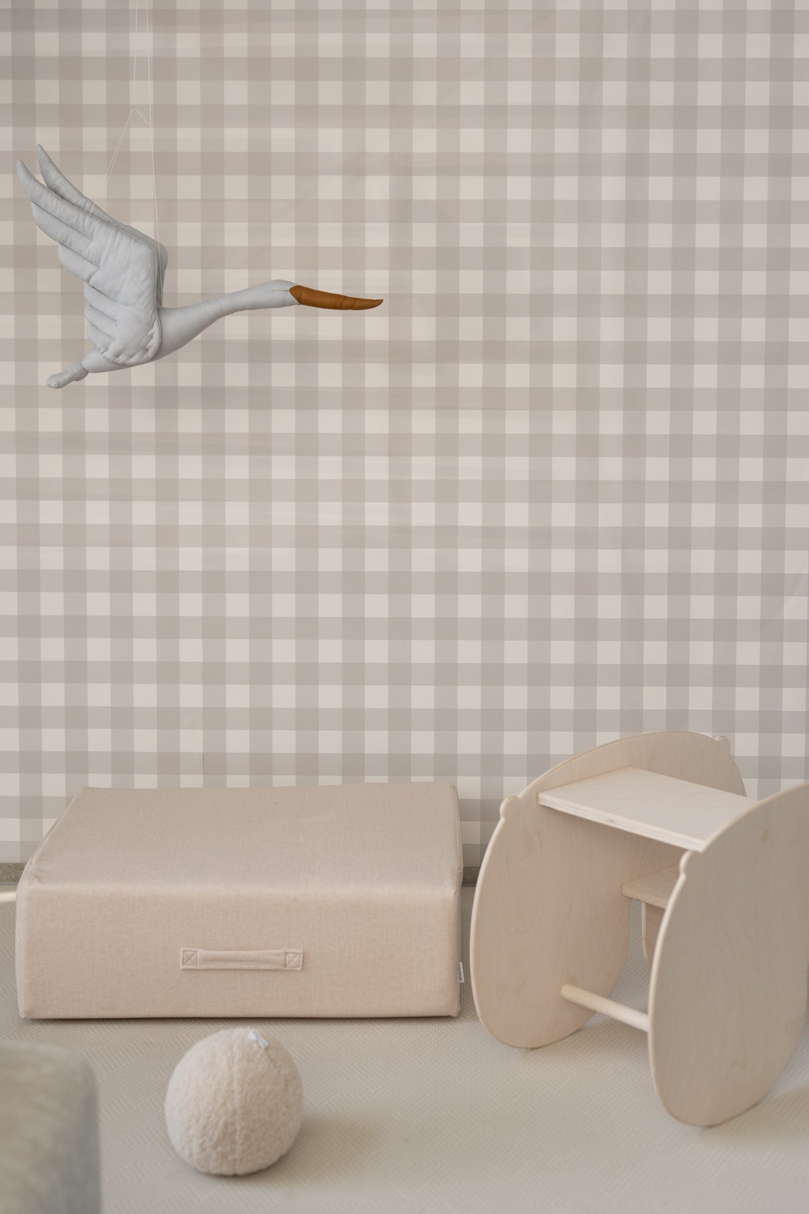 Matuu Woodland Gingham moss green checks wallpaper with pastel furniture – modern nursery design