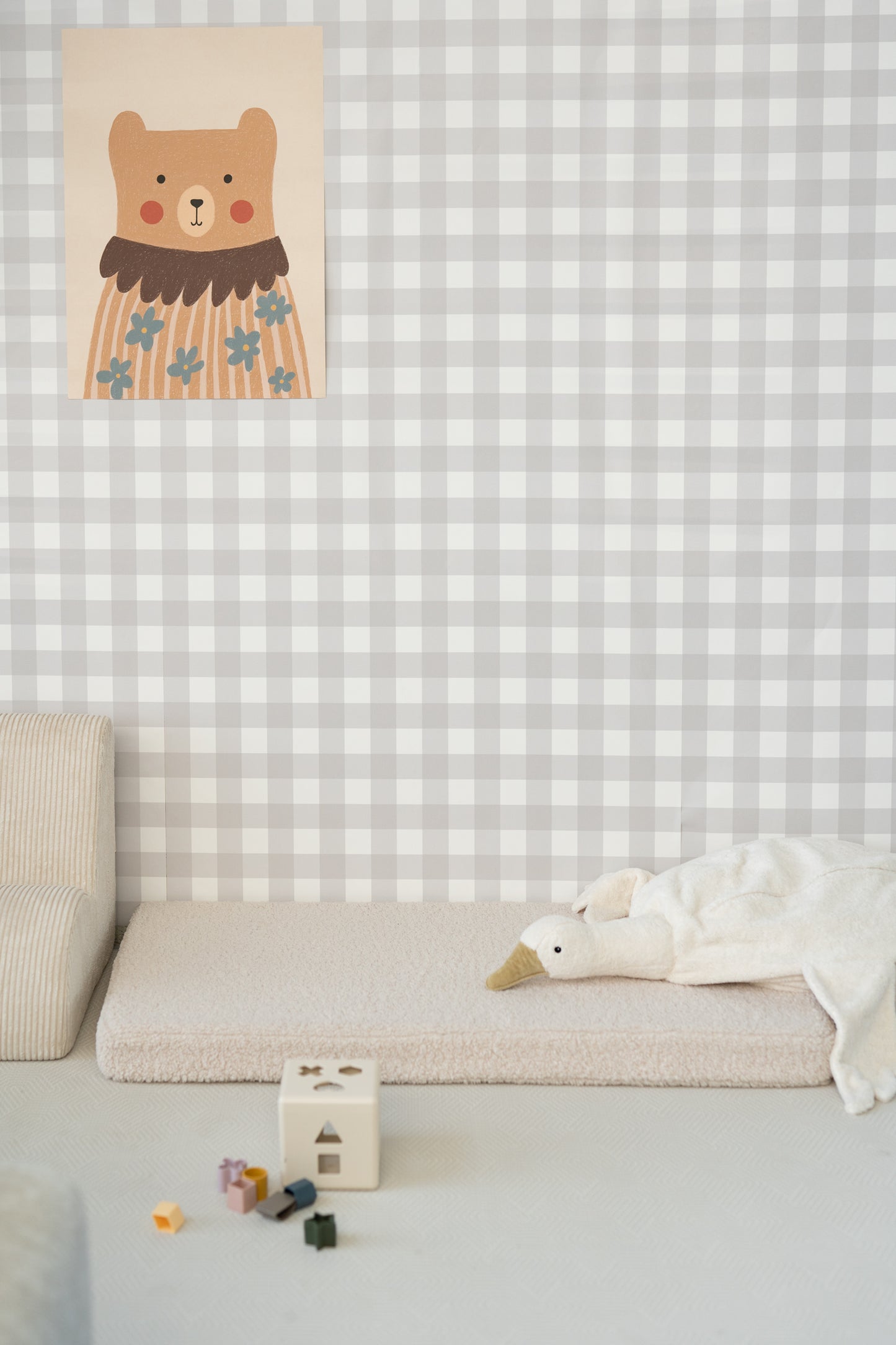 Matuu Sage Picnic sage green gingham wallpaper in nursery – soft green wall design