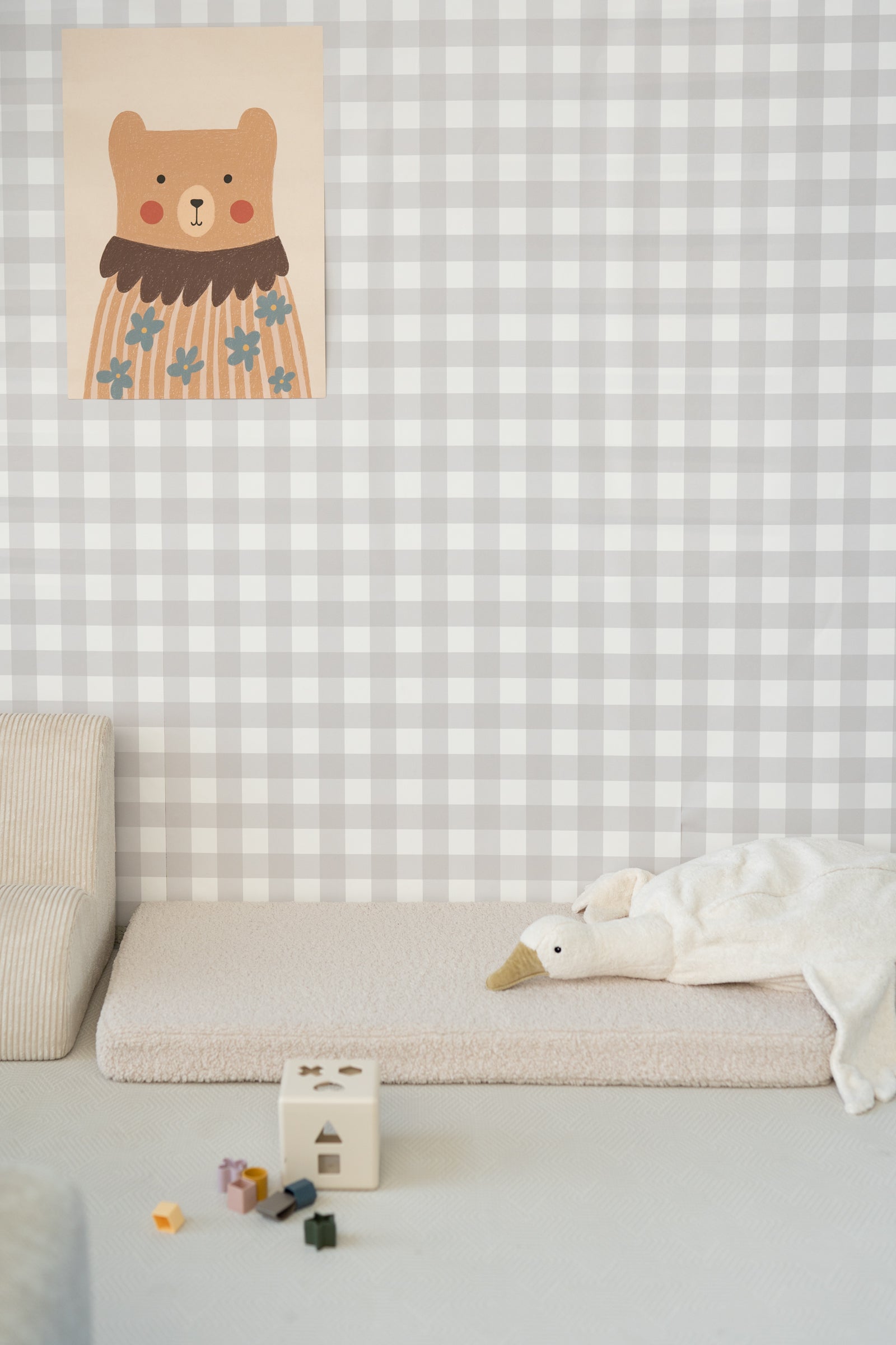 Matuu Sage Picnic sage green gingham wallpaper in nursery – soft green wall design