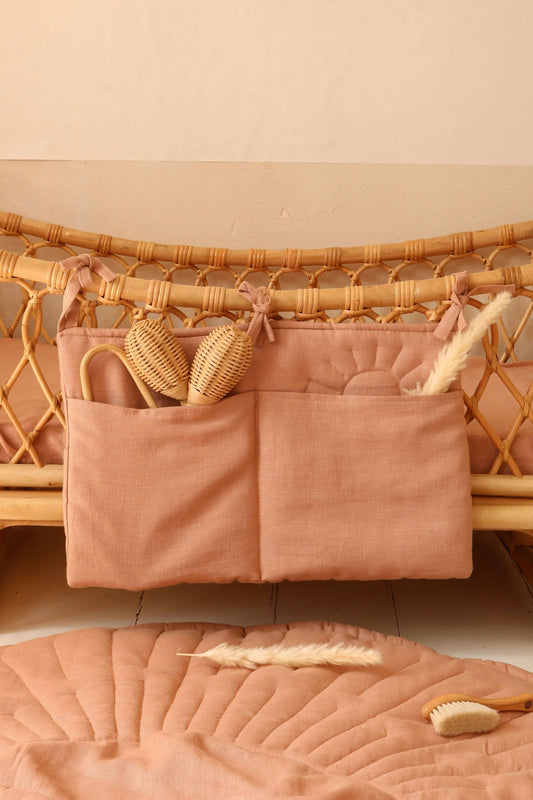 Retro pink sun - linen bed pocket organizer