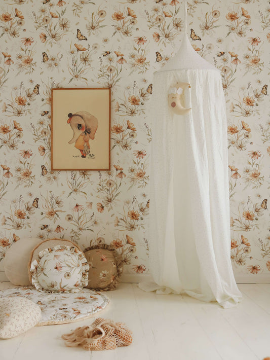  Wide wall shot of Golden Meadow on white wallpaper showing the pattern repeat and subtle colors.